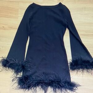 Wayf Black Long Sleeve Dress with Feather Trim